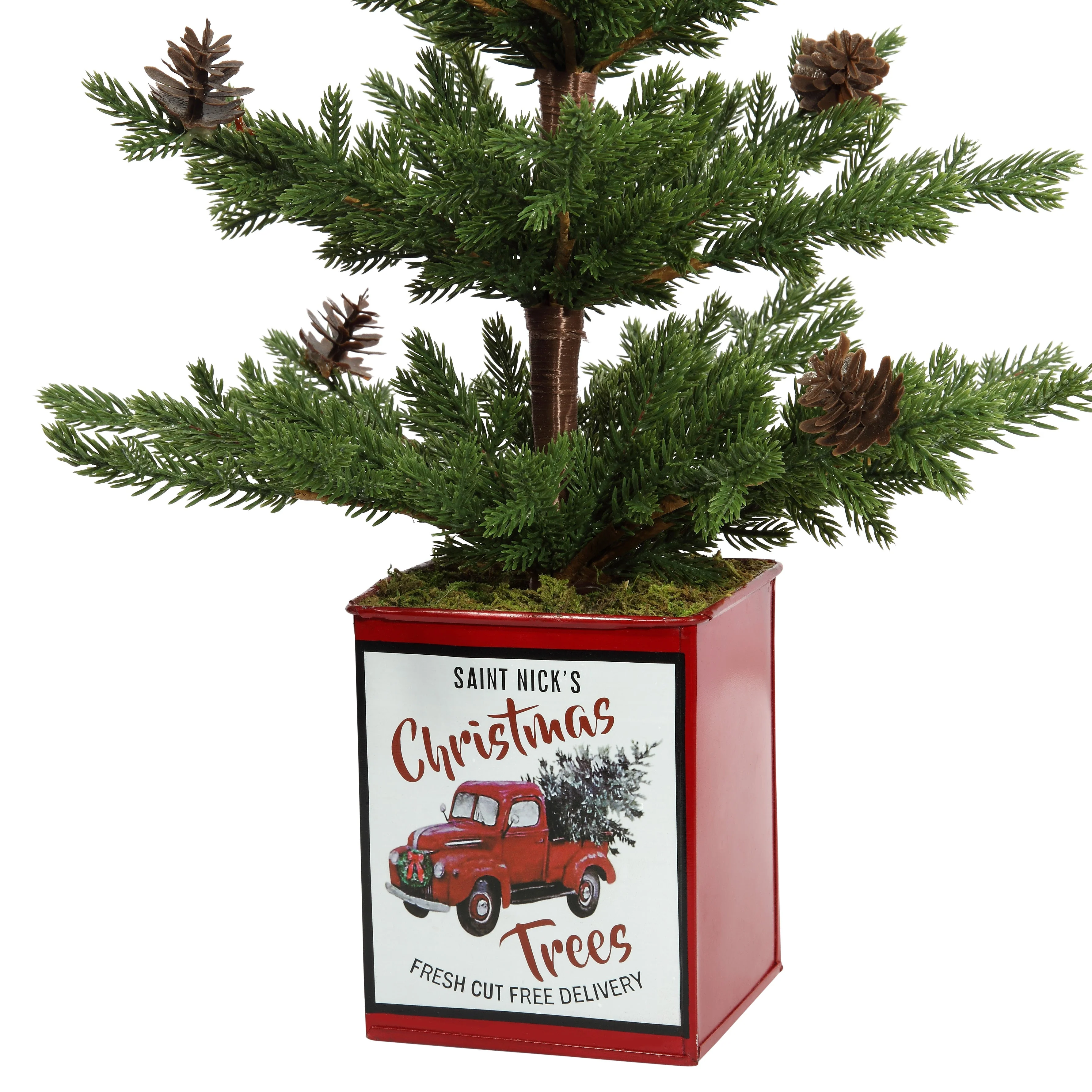 24 Inch Potted Tree with Pinecones, Metal Pot with Classic Red Truck - Image 3