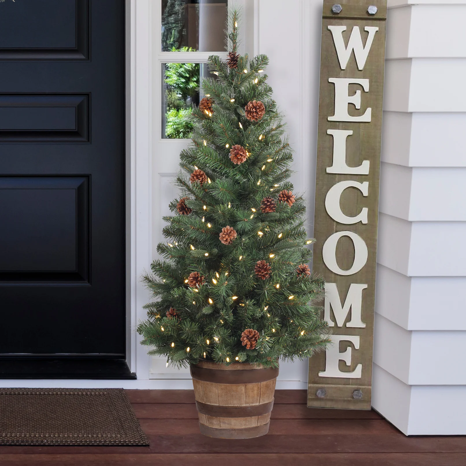 4 Ft. Tall Whiskey Barrel Potted Christmas Tree with Warm White T5 LED Lights - Image 4