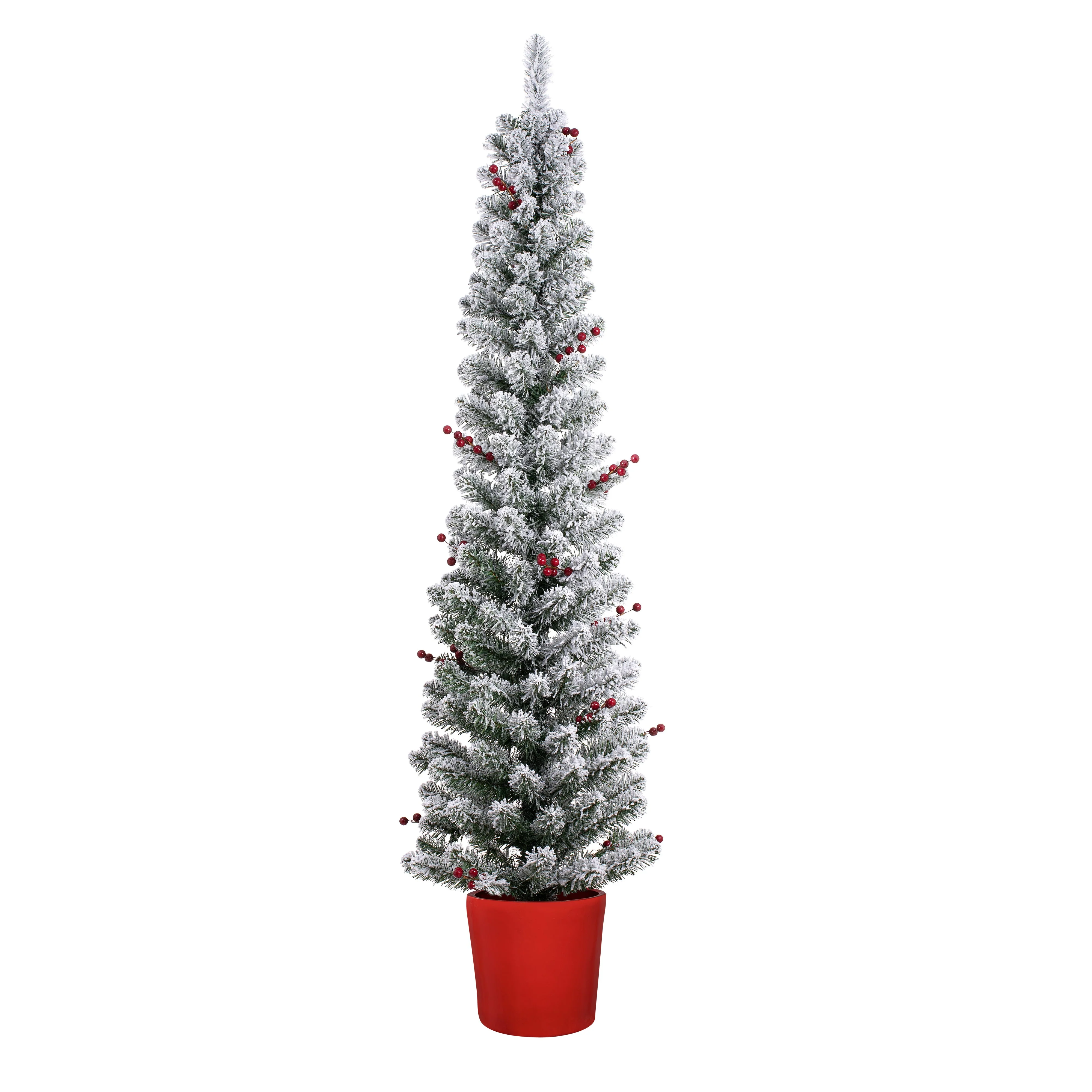 5 Foot Pre-lit Flocked Berry Artificial Fir Christmas Potted Pencil Tree - Image 3
