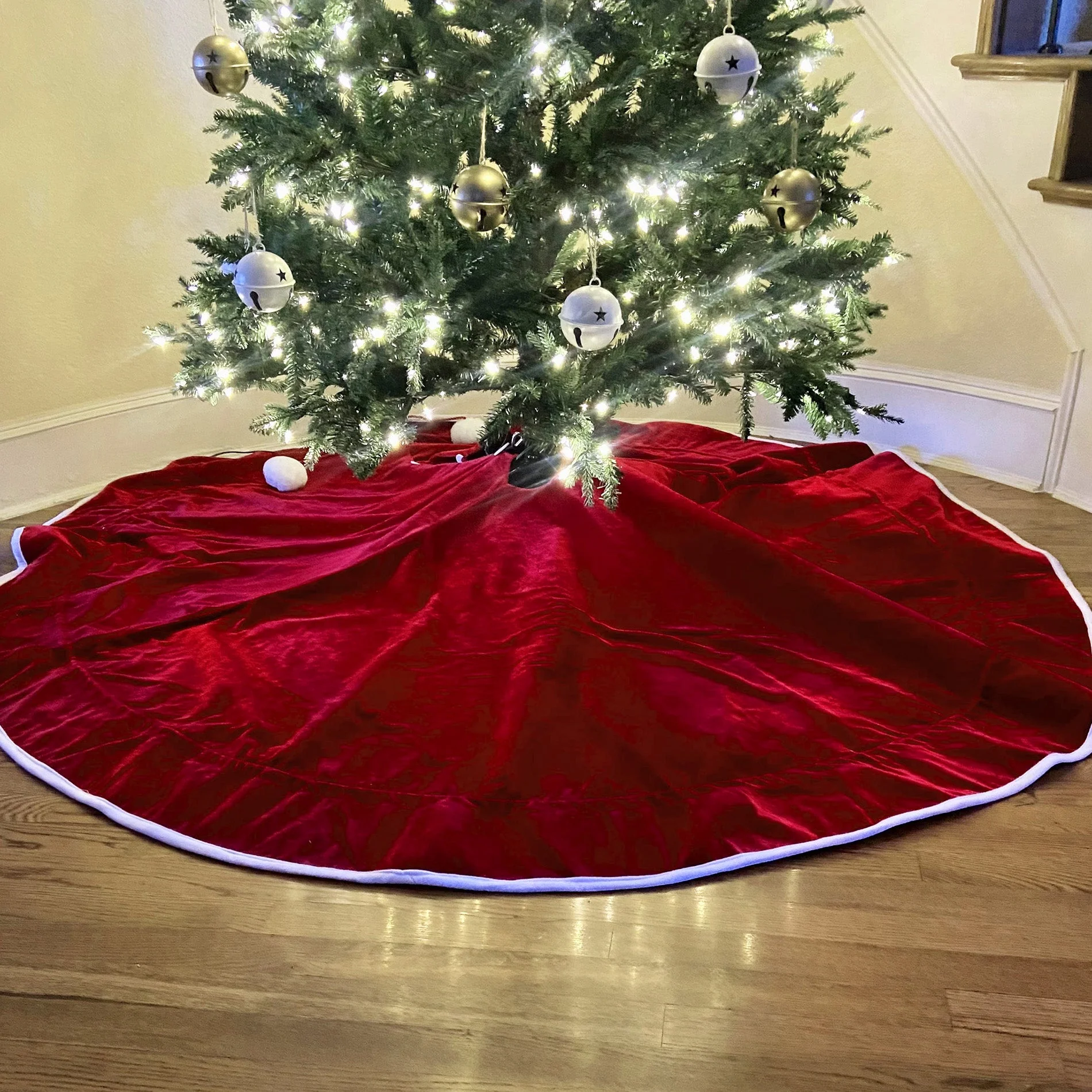 80 Inch Santa's Surprise Santa Bag Tree Skirt, Burgundy Velvet Fabric, Double-Sided - Image 5