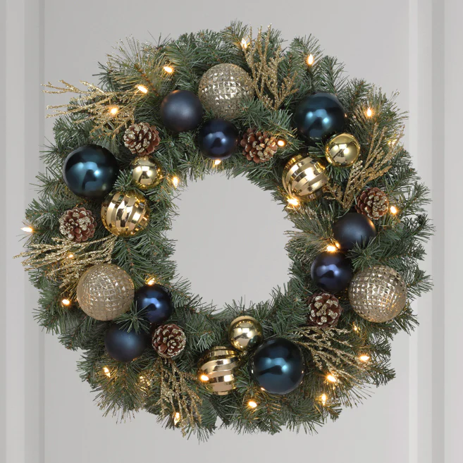 Haute Decor 24 Inch Sutton Place Christmas Wreath with Blue and Gold Shatterproof Ornaments - Image 6