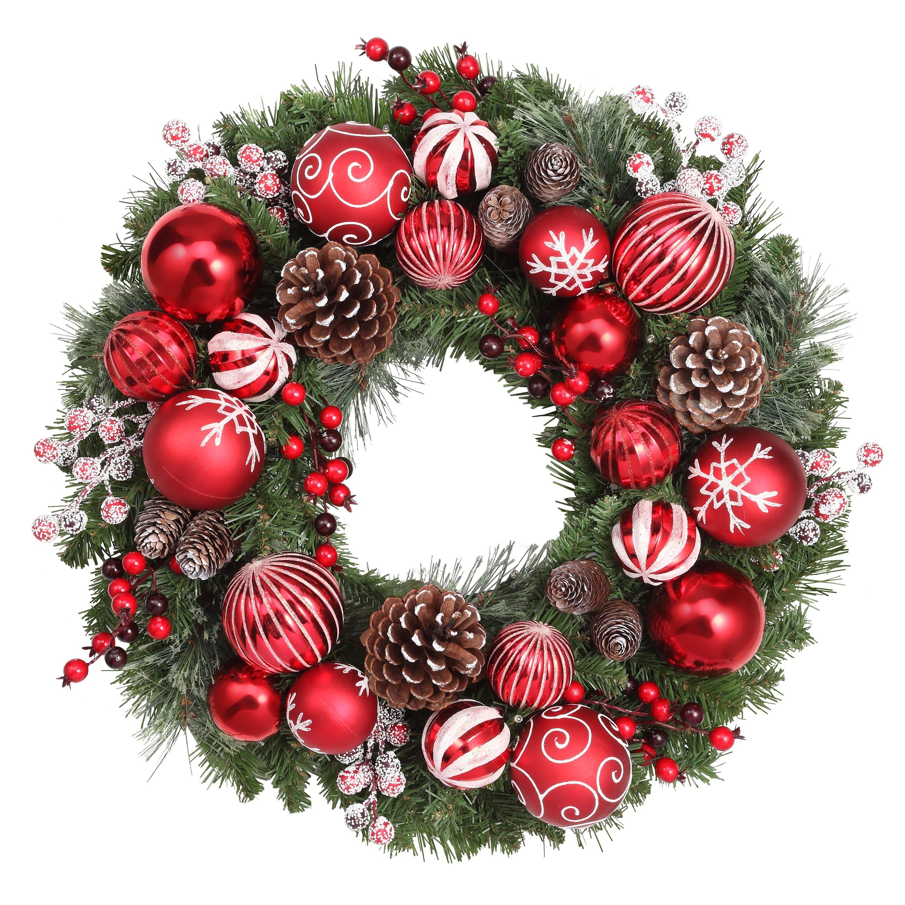 Haute Decor 26 Inch Holiday Times Wreath with Patterned Red and White Shatterproof Ornaments, Berries, and Real Pinecones - Image 5
