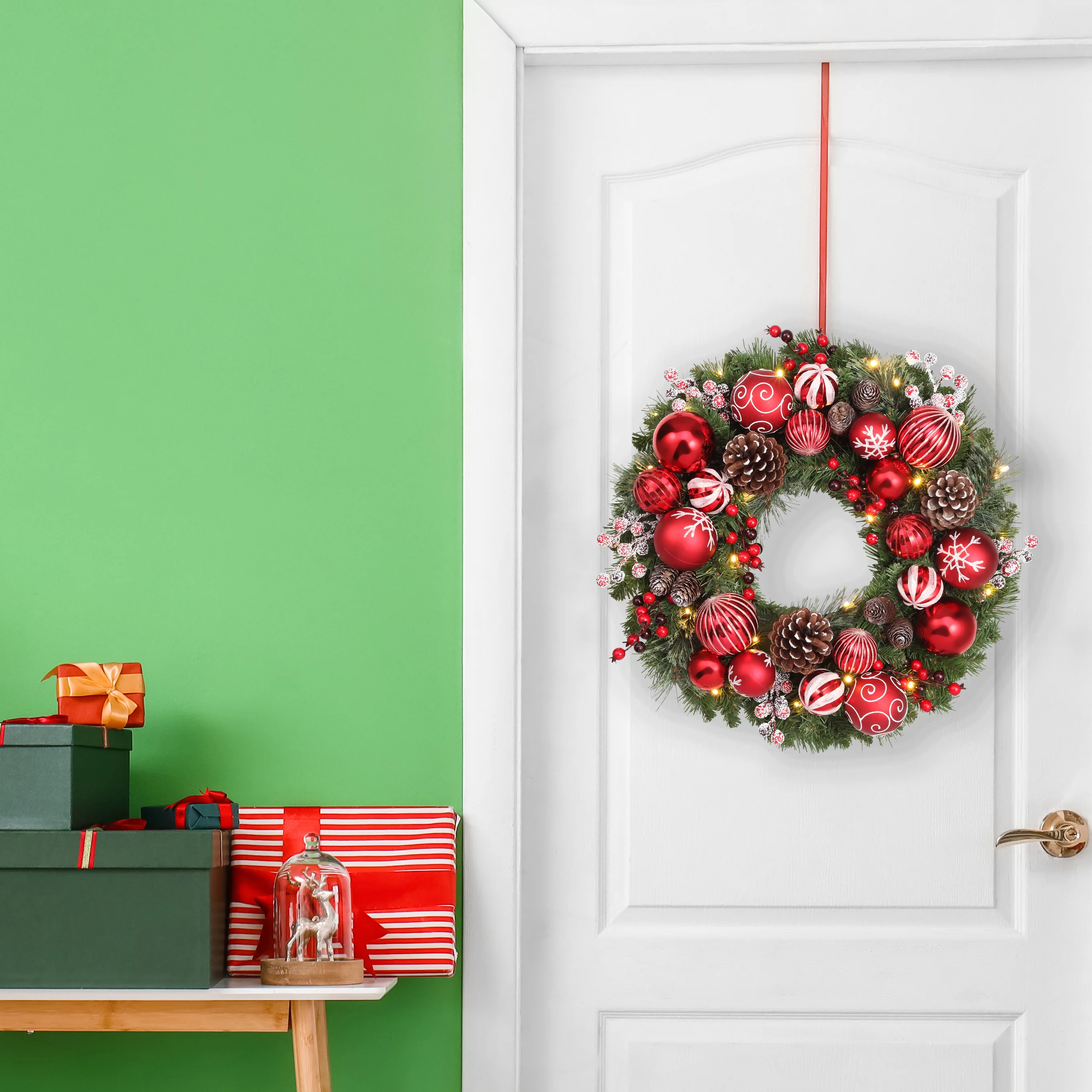 Haute Decor 26 Inch Holiday Times Wreath with Patterned Red and White Shatterproof Ornaments, Berries, and Real Pinecones - Image 7