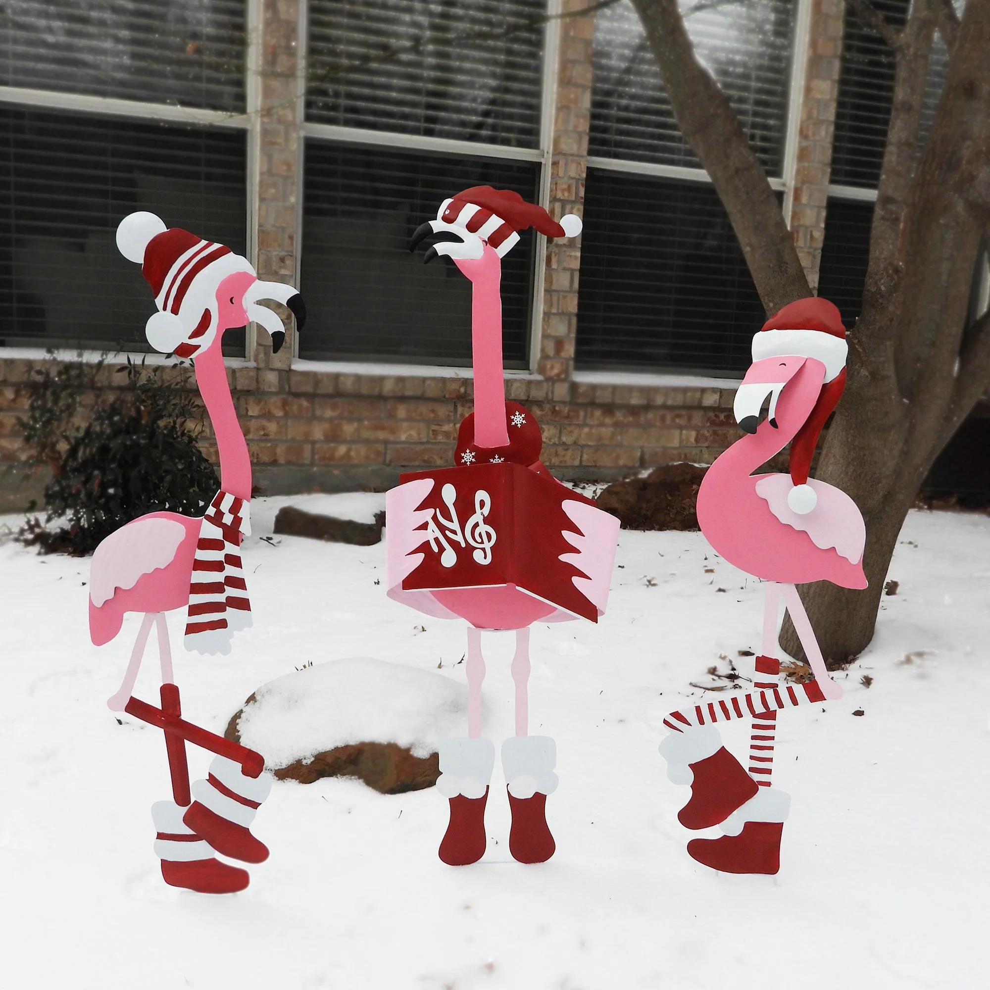 Metal Caroling Flamingos Trio Yard Decor - Image 4