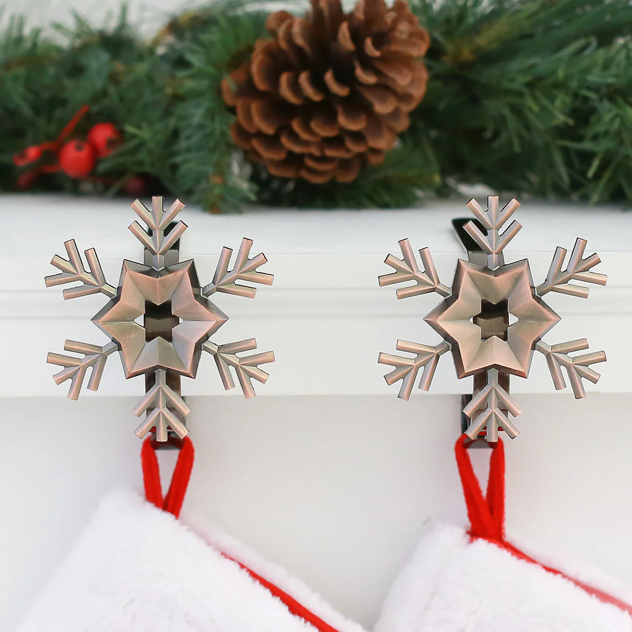 The Original MantleClip Stocking Holder with Removable Metal Holiday Icons, 2 Pack - Oil-Rubbed Bronze Snowflake - Image 2