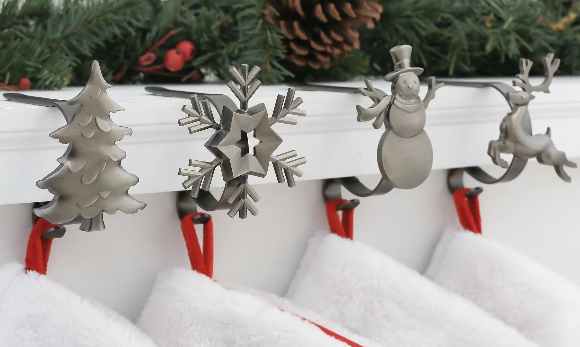 The Original MantleClip Stocking Holder with Removable Metal Holiday Icons, 4 Pack - Assorted Pewter - Image 6